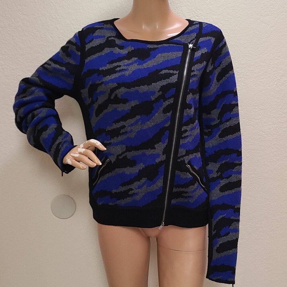 DIANE VON FURSTENBERG WOOL KNIT MOTO ZIP CARDIGAN SWEATER BLUE CAMO ST. REGIS L